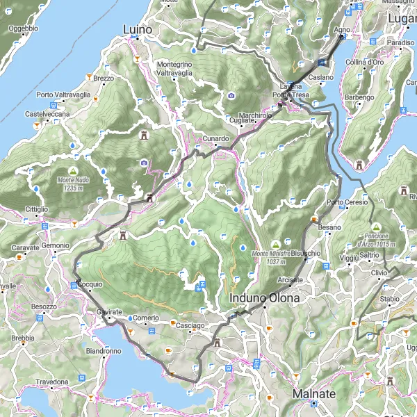 Mapa miniatúra "Jazda okolo Jazera Lugano" cyklistická inšpirácia v Ticino, Switzerland. Vygenerované cyklistickým plánovačom trás Tarmacs.app