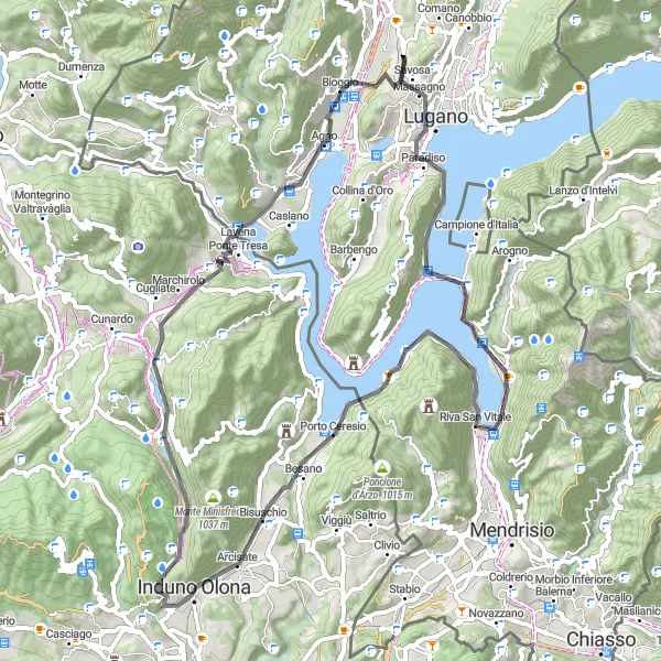 Mapa miniatúra "Cyklotrasa Monte San Salvatore a Panorama sul Lago e Monti" cyklistická inšpirácia v Ticino, Switzerland. Vygenerované cyklistickým plánovačom trás Tarmacs.app