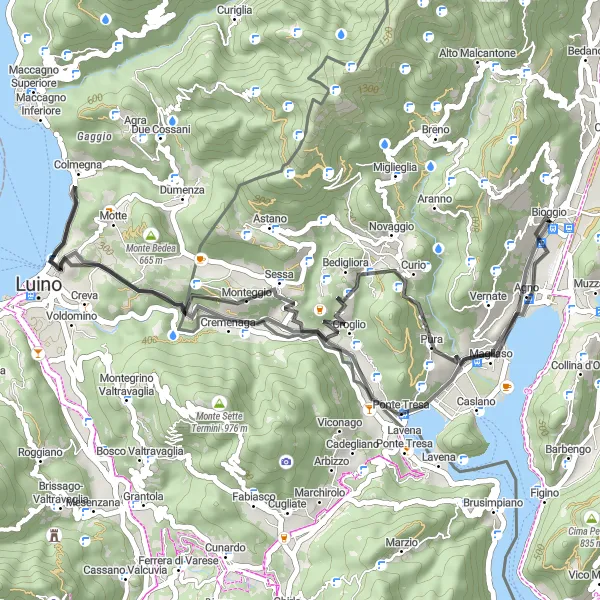 Map miniature of "Monte San Giorgio and Ponte Tresa Scenic Ride" cycling inspiration in Ticino, Switzerland. Generated by Tarmacs.app cycling route planner
