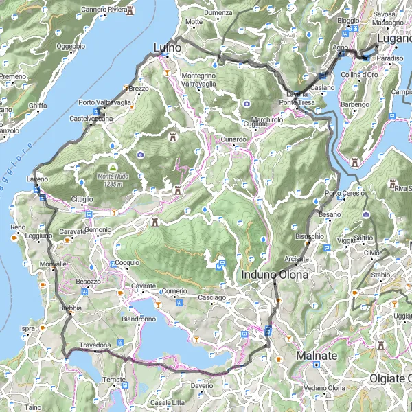 Miniatura della mappa di ispirazione al ciclismo "Giro escursionistico da Bioggio a Pointe Tresa" nella regione di Ticino, Switzerland. Generata da Tarmacs.app, pianificatore di rotte ciclistiche