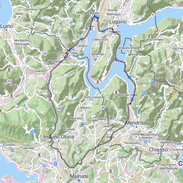 Miniatura della mappa di ispirazione al ciclismo "Giro delle Cascate e dei Monti Vicini" nella regione di Ticino, Switzerland. Generata da Tarmacs.app, pianificatore di rotte ciclistiche