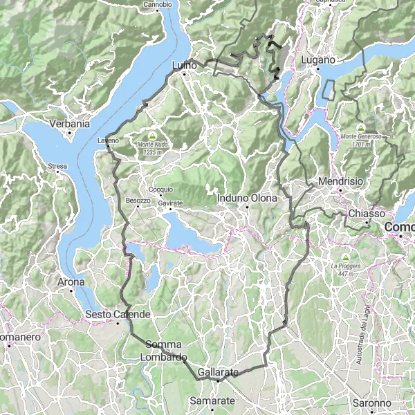 Miniatua del mapa de inspiración ciclista "Ruta de la Costa Medio-Lariana desde Bioggio" en Ticino, Switzerland. Generado por Tarmacs.app planificador de rutas ciclistas