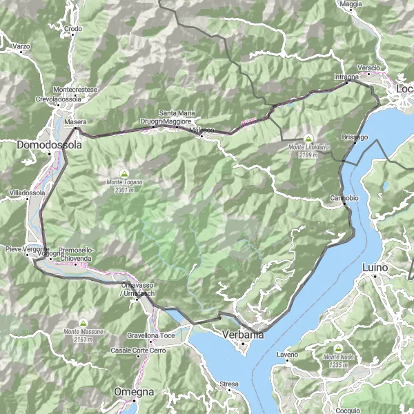 Kartminiatyr av "Cannobio til Ronco sopra Ascona" sykkelinspirasjon i Ticino, Switzerland. Generert av Tarmacs.app sykkelrutoplanlegger