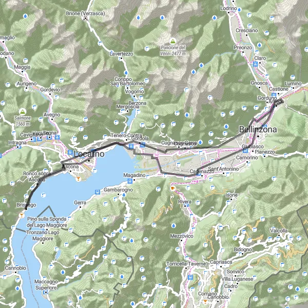 Miniatura della mappa di ispirazione al ciclismo "Tour ciclistico tra Ascona e Locarno" nella regione di Ticino, Switzerland. Generata da Tarmacs.app, pianificatore di rotte ciclistiche