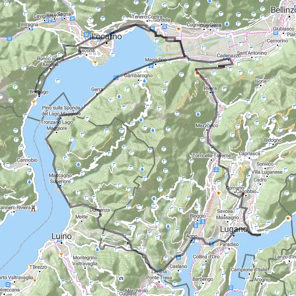 Miniaturní mapa "Horská výzva kolem Lugana" inspirace pro cyklisty v oblasti Ticino, Switzerland. Vytvořeno pomocí plánovače tras Tarmacs.app