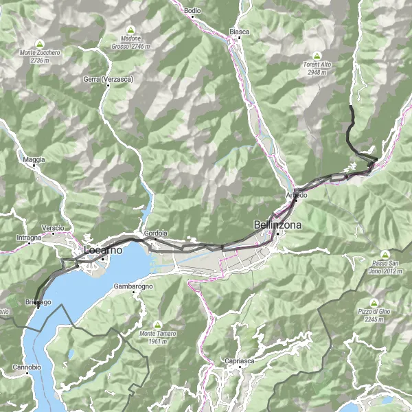 Miniatua del mapa de inspiración ciclista "Recorrido Escénico por Monte Verità y Bellinzona" en Ticino, Switzerland. Generado por Tarmacs.app planificador de rutas ciclistas