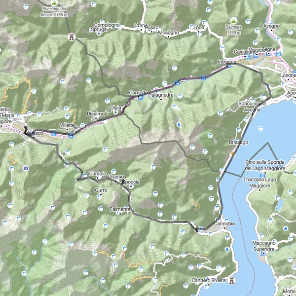 Map miniature of "Brissago to Intragna Loop" cycling inspiration in Ticino, Switzerland. Generated by Tarmacs.app cycling route planner