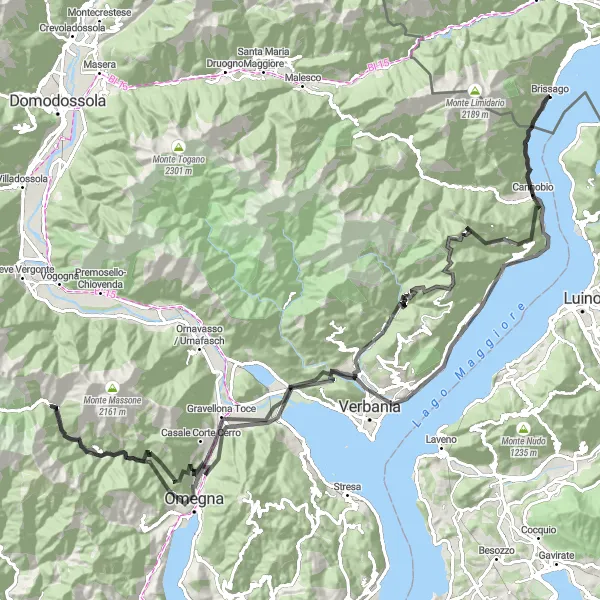 Miniatura della mappa di ispirazione al ciclismo "Sfide montuose sul Lago Verbano" nella regione di Ticino, Switzerland. Generata da Tarmacs.app, pianificatore di rotte ciclistiche