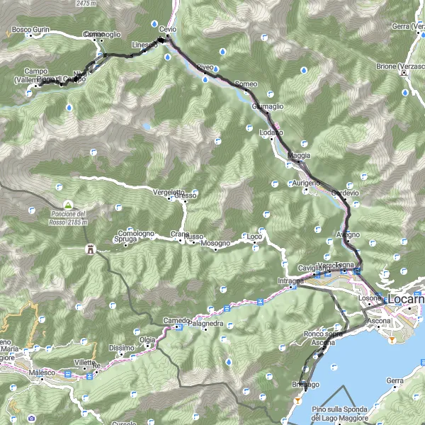 Zemljevid v pomanjšavi "Cesta skozi Vallemaggia" kolesarske inspiracije v Ticino, Switzerland. Generirano z načrtovalcem kolesarskih poti Tarmacs.app