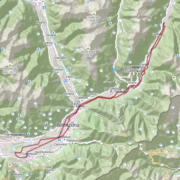 Miniatuurkaart van de fietsinspiratie "Gravelroute van Cadenazzo naar Bellinzona" in Ticino, Switzerland. Gemaakt door de Tarmacs.app fietsrouteplanner