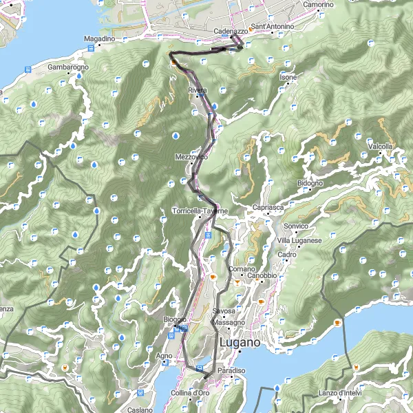 Kartminiatyr av "Rundtur til Monte Ceneri fra Cadenazzo" sykkelinspirasjon i Ticino, Switzerland. Generert av Tarmacs.app sykkelrutoplanlegger