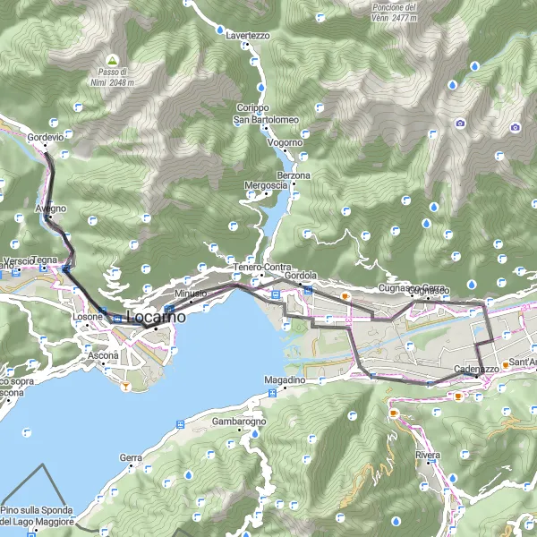 Miniatuurkaart van de fietsinspiratie "Contone naar Cadenazzo" in Ticino, Switzerland. Gemaakt door de Tarmacs.app fietsrouteplanner