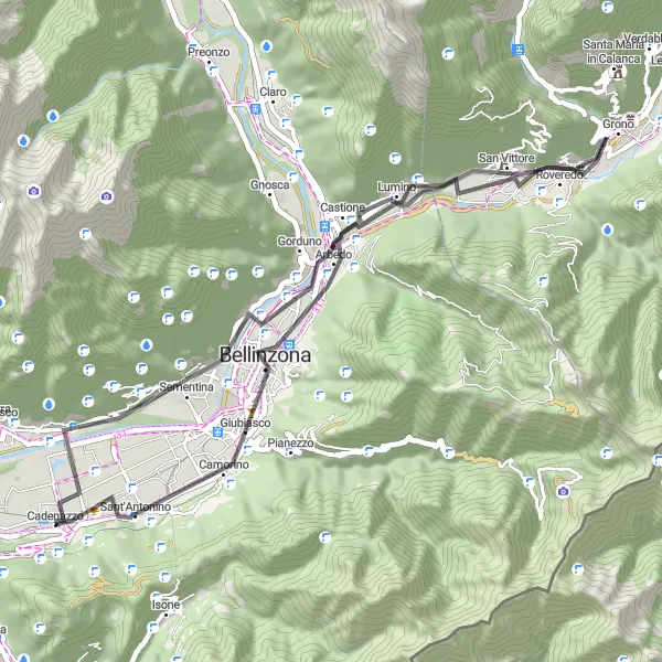 Miniaturekort af cykelinspirationen "Grono til Sant'Antonino Rundtur" i Ticino, Switzerland. Genereret af Tarmacs.app cykelruteplanlægger