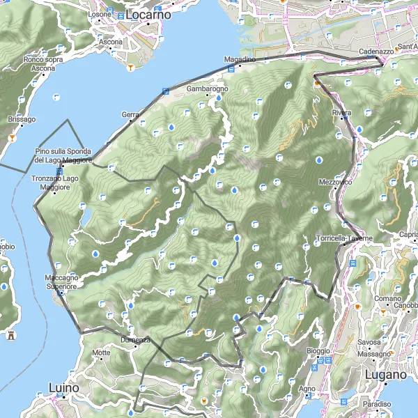 Miniatura della mappa di ispirazione al ciclismo "Esplorazione ciclistica del Lago Maggiore" nella regione di Ticino, Switzerland. Generata da Tarmacs.app, pianificatore di rotte ciclistiche