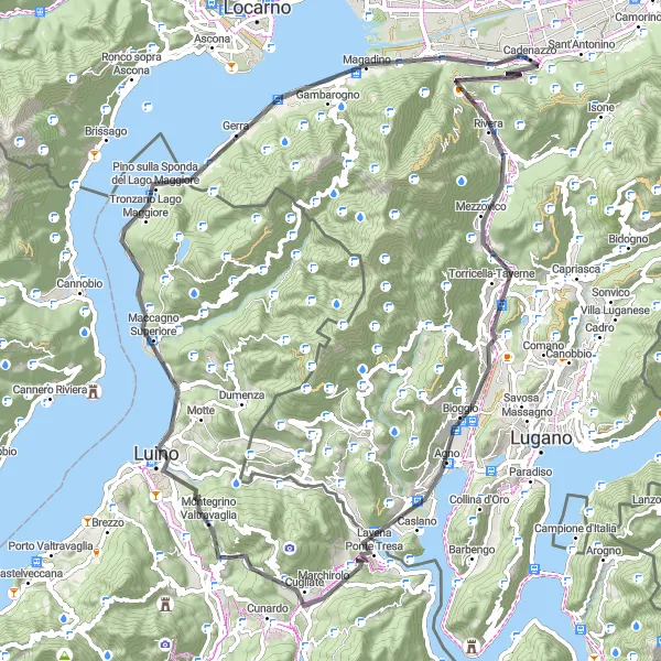 Karttaminiaatyyri "Pyöräilyreitti Monte Ceneri - Luino - Magadino" pyöräilyinspiraatiosta alueella Ticino, Switzerland. Luotu Tarmacs.app pyöräilyreittisuunnittelijalla