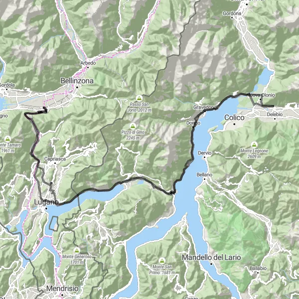 Kartminiatyr av "Ticino kystloop" sykkelinspirasjon i Ticino, Switzerland. Generert av Tarmacs.app sykkelrutoplanlegger