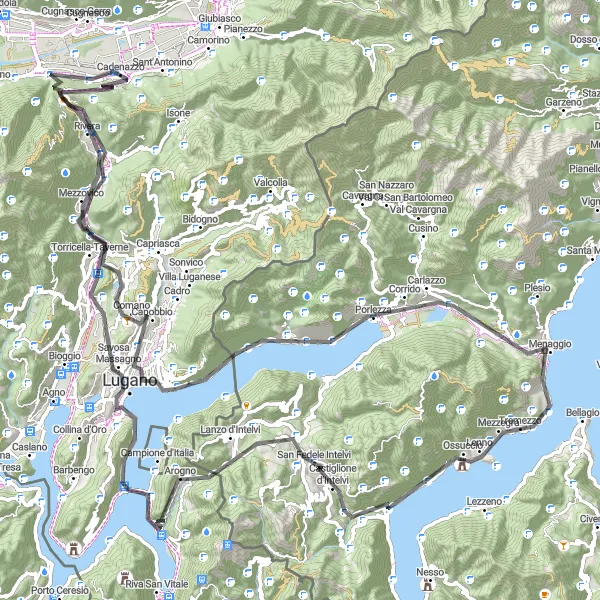 Miniaturní mapa "Trasa Monte San Salvatore" inspirace pro cyklisty v oblasti Ticino, Switzerland. Vytvořeno pomocí plánovače tras Tarmacs.app