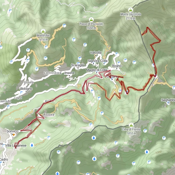 Miniatua del mapa de inspiración ciclista "Ruta de Grava Cerca de Cadro" en Ticino, Switzerland. Generado por Tarmacs.app planificador de rutas ciclistas