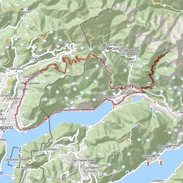 Miniatura della mappa di ispirazione al ciclismo "Periplo in mountain bike da Cadro a Cressogno" nella regione di Ticino, Switzerland. Generata da Tarmacs.app, pianificatore di rotte ciclistiche