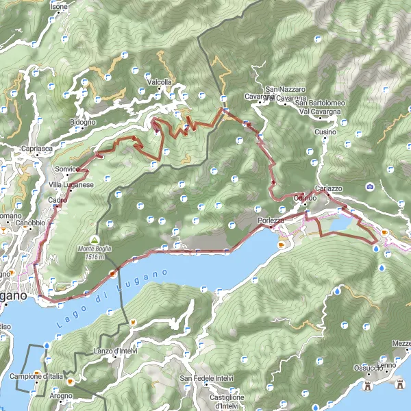 Map miniature of "Gravel Adventure" cycling inspiration in Ticino, Switzerland. Generated by Tarmacs.app cycling route planner