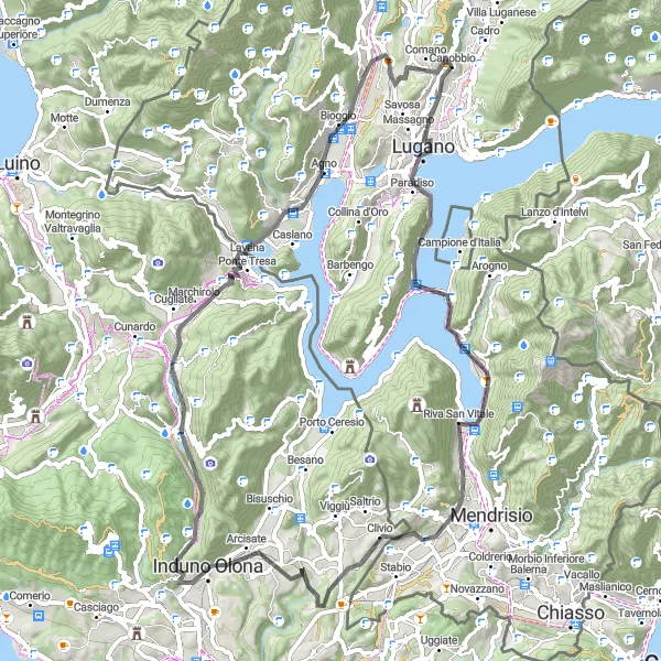 Miniatua del mapa de inspiración ciclista "Ruta en Carretera Monte San Salvatore" en Ticino, Switzerland. Generado por Tarmacs.app planificador de rutas ciclistas