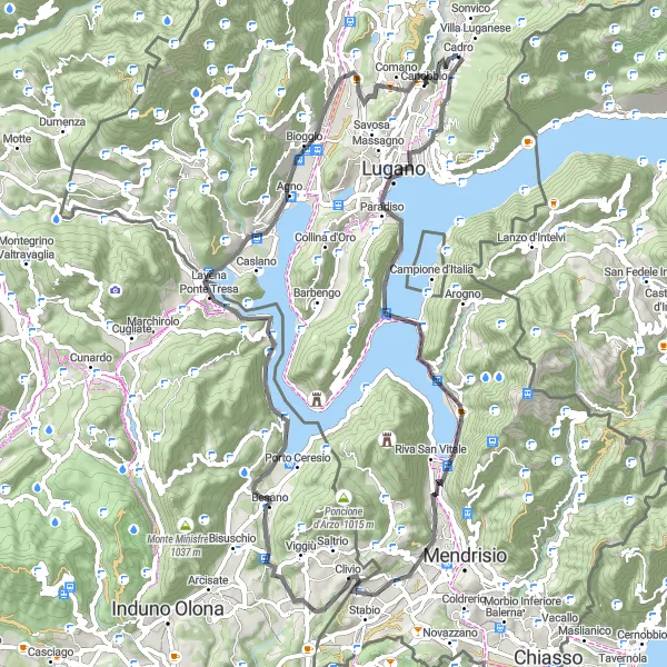 Miniatura mapy "Trasa szosowa przez Monte San Salvatore i Monte Castelletto" - trasy rowerowej w Ticino, Switzerland. Wygenerowane przez planer tras rowerowych Tarmacs.app