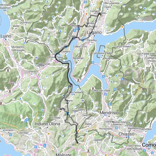Miniatura della mappa di ispirazione al ciclismo "Avventura su strada tra Canobbio e il Monte San Giorgio" nella regione di Ticino, Switzerland. Generata da Tarmacs.app, pianificatore di rotte ciclistiche