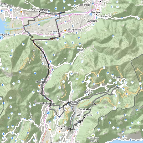 Miniature de la carte de l'inspiration cycliste "Exploration de la région de Tesserete à Mezzovico" dans la Ticino, Switzerland. Générée par le planificateur d'itinéraire cycliste Tarmacs.app