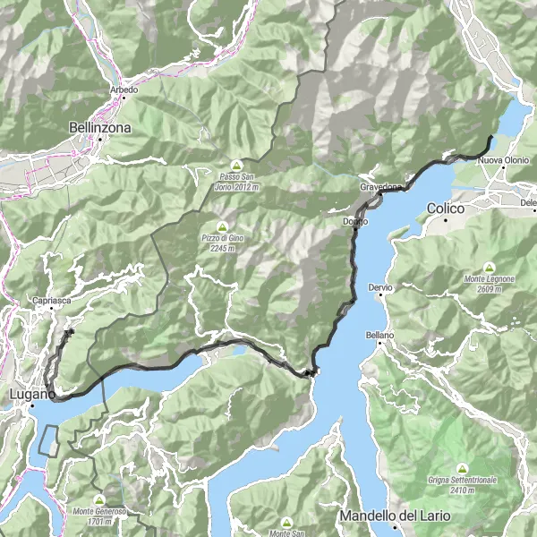 Mapa miniatúra "Okruh kolem jezera Lugano a Lago di Como" cyklistická inšpirácia v Ticino, Switzerland. Vygenerované cyklistickým plánovačom trás Tarmacs.app