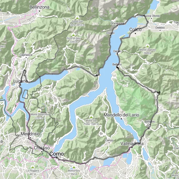 Miniature de la carte de l'inspiration cycliste "Tour du Lac de Lugano et des Alpes Francesco" dans la Ticino, Switzerland. Générée par le planificateur d'itinéraire cycliste Tarmacs.app