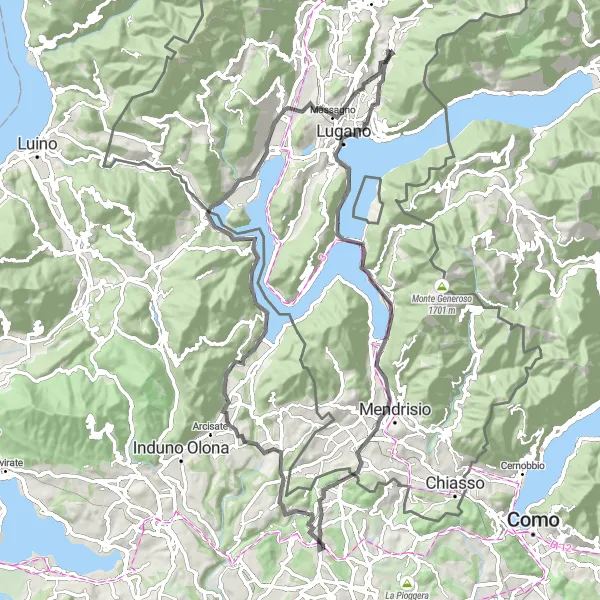 Miniatura della mappa di ispirazione al ciclismo "Giro in bicicletta attraverso Bioggio e Monte San Giorgio" nella regione di Ticino, Switzerland. Generata da Tarmacs.app, pianificatore di rotte ciclistiche