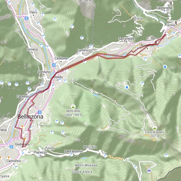Miniature de la carte de l'inspiration cycliste "Boucle gravel de 32 km autour de Camorino" dans la Ticino, Switzerland. Générée par le planificateur d'itinéraire cycliste Tarmacs.app