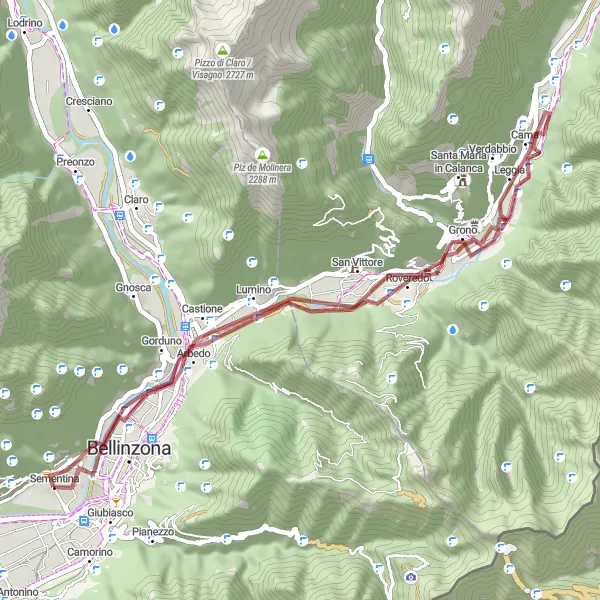 Mapa miniatúra "Gravelový okruh z Camorina do Torre di Beffan - Roveredo - Sementina" cyklistická inšpirácia v Ticino, Switzerland. Vygenerované cyklistickým plánovačom trás Tarmacs.app