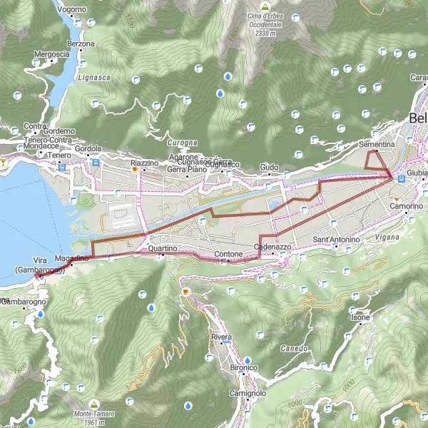 Map miniature of "Scenic Gravel Ride from Camorino to Monte Carasso" cycling inspiration in Ticino, Switzerland. Generated by Tarmacs.app cycling route planner