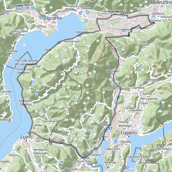Map miniature of "Challenging Road Cycling Loop from Camorino" cycling inspiration in Ticino, Switzerland. Generated by Tarmacs.app cycling route planner