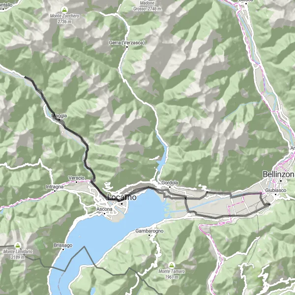 Map miniature of "Scenic Road Cycling Route from Camorino to Someo" cycling inspiration in Ticino, Switzerland. Generated by Tarmacs.app cycling route planner