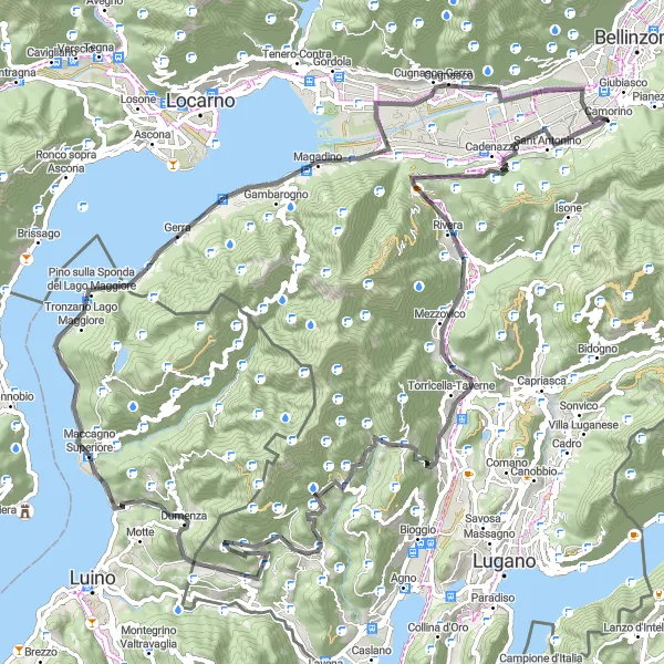 Miniaturní mapa "Okruh kolem Camorina přes Robasacco a Monte Ceneri" inspirace pro cyklisty v oblasti Ticino, Switzerland. Vytvořeno pomocí plánovače tras Tarmacs.app