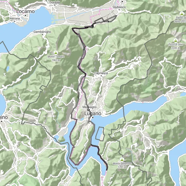 Map miniature of "Riviera Adventure" cycling inspiration in Ticino, Switzerland. Generated by Tarmacs.app cycling route planner