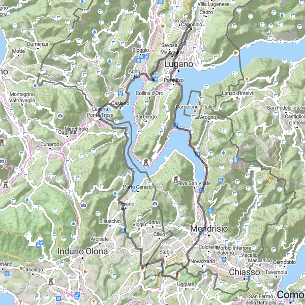 Zemljevid v pomanjšavi "Uživajte v čudovitih razgledih na Monte San Giorgio" kolesarske inspiracije v Ticino, Switzerland. Generirano z načrtovalcem kolesarskih poti Tarmacs.app