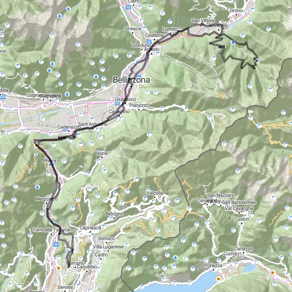 Kartminiatyr av "Bironico til Cureglia Road Cycling Route" sykkelinspirasjon i Ticino, Switzerland. Generert av Tarmacs.app sykkelrutoplanlegger