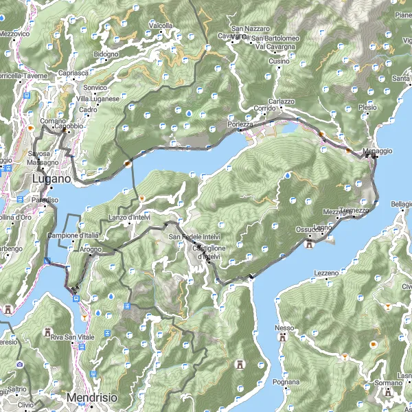 Karttaminiaatyyri "Lago di Luganoin ympäriajo" pyöräilyinspiraatiosta alueella Ticino, Switzerland. Luotu Tarmacs.app pyöräilyreittisuunnittelijalla