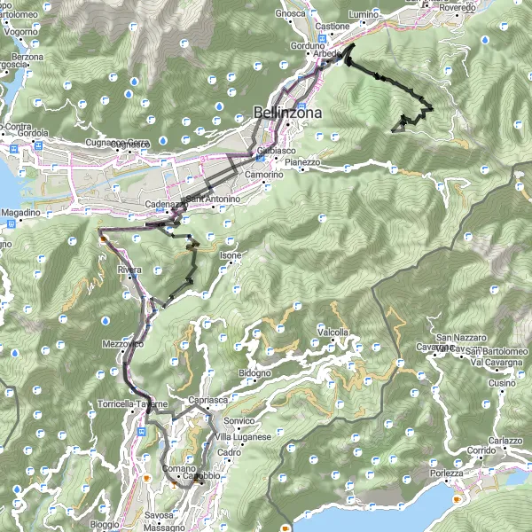 Miniature de la carte de l'inspiration cycliste "Tour des Châteaux et Cités Médiévales" dans la Ticino, Switzerland. Générée par le planificateur d'itinéraire cycliste Tarmacs.app