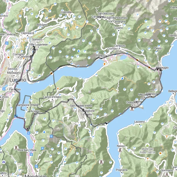 Kartminiatyr av "Sjöarna och kullarna i Ticino" cykelinspiration i Ticino, Switzerland. Genererad av Tarmacs.app cykelruttplanerare