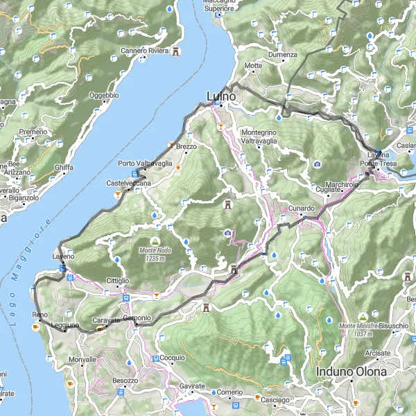 Miniatura della mappa di ispirazione al ciclismo "Giro in bicicletta da Caslano a Luino e ritorno" nella regione di Ticino, Switzerland. Generata da Tarmacs.app, pianificatore di rotte ciclistiche