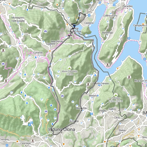 Map miniature of "Caslano to Porto Ceresio Loop" cycling inspiration in Ticino, Switzerland. Generated by Tarmacs.app cycling route planner