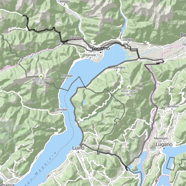 Miniatua del mapa de inspiración ciclista "Ruta del Lago Maggiore y Monte San Giorgio" en Ticino, Switzerland. Generado por Tarmacs.app planificador de rutas ciclistas