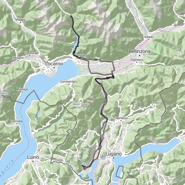 Zemljevid v pomanjšavi "Razgibana kolesarska avantura okoli Monte San Giorgio" kolesarske inspiracije v Ticino, Switzerland. Generirano z načrtovalcem kolesarskih poti Tarmacs.app