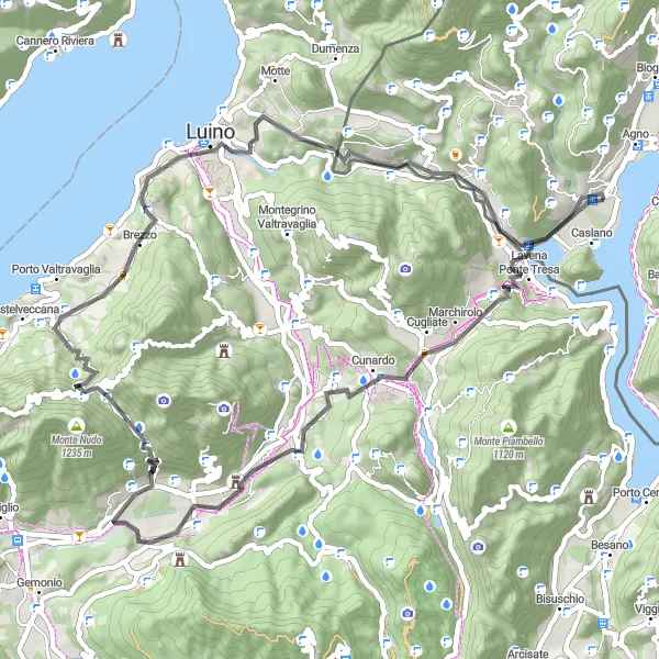 Miniatura della mappa di ispirazione al ciclismo "Giro Cunardo - Monte San Giorgio" nella regione di Ticino, Switzerland. Generata da Tarmacs.app, pianificatore di rotte ciclistiche