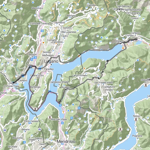 Miniaturní mapa "Cyklotrasa kolem Monte Bre" inspirace pro cyklisty v oblasti Ticino, Switzerland. Vytvořeno pomocí plánovače tras Tarmacs.app