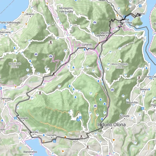 Mapa miniatúra "Podmanivá trasa okolo Jazera Varese" cyklistická inšpirácia v Ticino, Switzerland. Vygenerované cyklistickým plánovačom trás Tarmacs.app